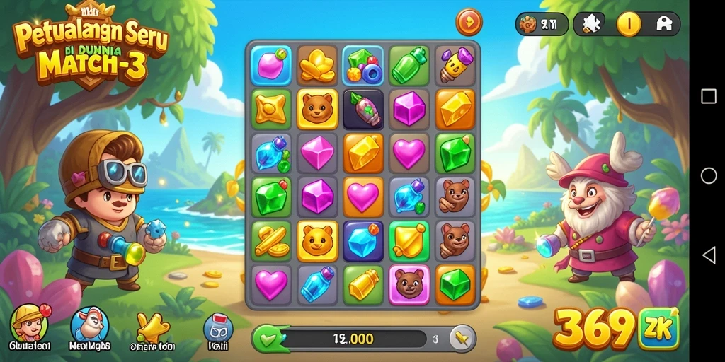 Screenshot permainan 369ZK menampilkan kombinasi warna-warni dalam gameplay Match-3.