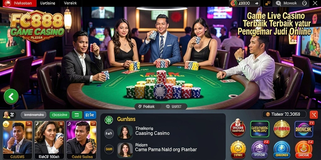 Screenshot gameplay FC888 menampilkan dealer profesional dan interaksi langsung dengan pemain.