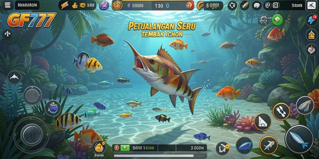 Screenshot gameplay GF777 menampilkan aksi seru menangkap ikan.