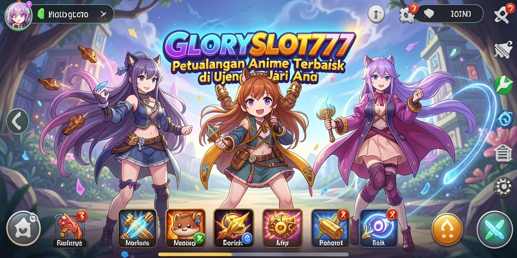 Tampilan gameplay penuh warna dari GLORYSLOT777 dengan karakter anime.