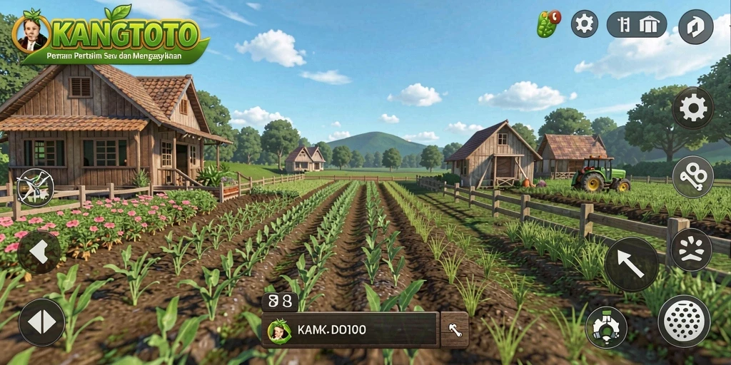 Tampilan gameplay KANGTOTO dengan aktivitas bertani yang seru.