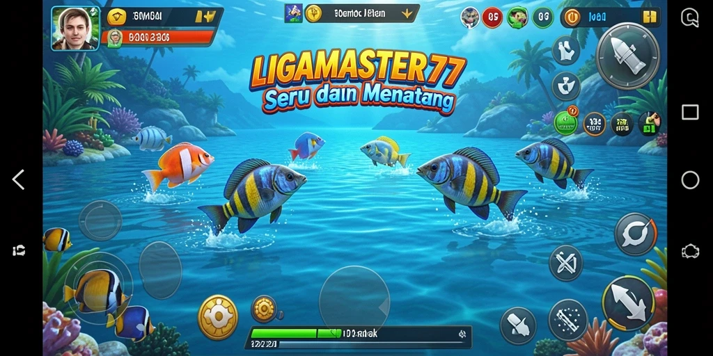 Tampilan gameplay seru dari LIGAMASTER77 dengan aksi menembak ikan.