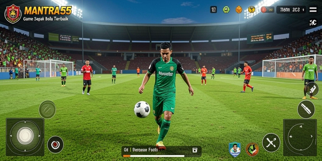 Screenshot MANTRA55 menampilkan aksi seru dalam pertandingan sepak bola.