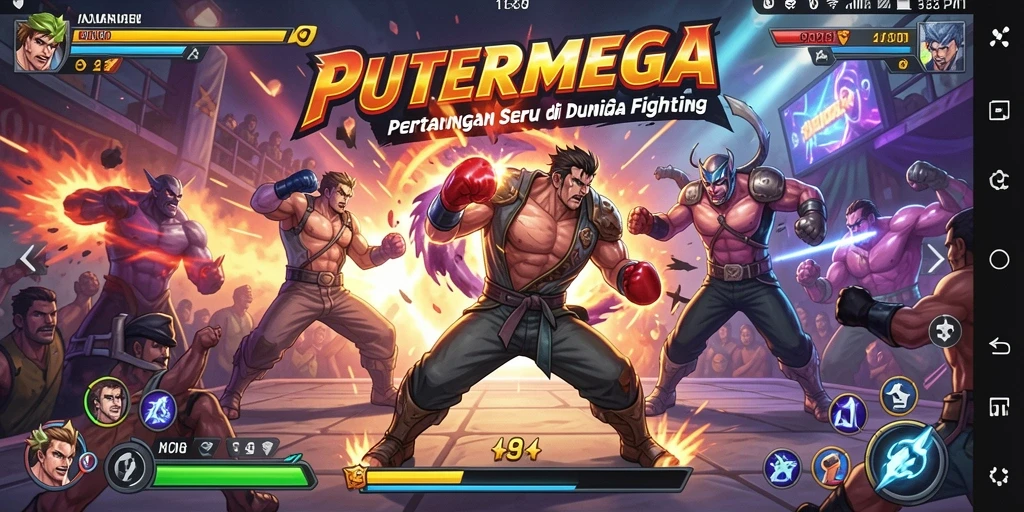 Tangkapan layar utama PUTERMEGA menunjukkan aksi pertarungan yang mendebarkan.