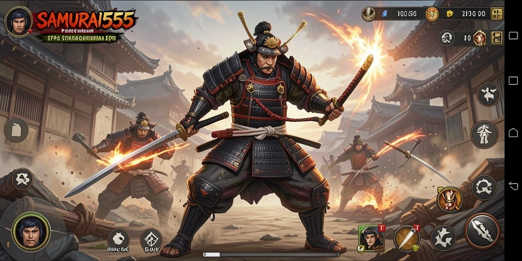 Screenshot utama SAMURAI555 menampilkan aksi pertarungan yang mendebarkan.