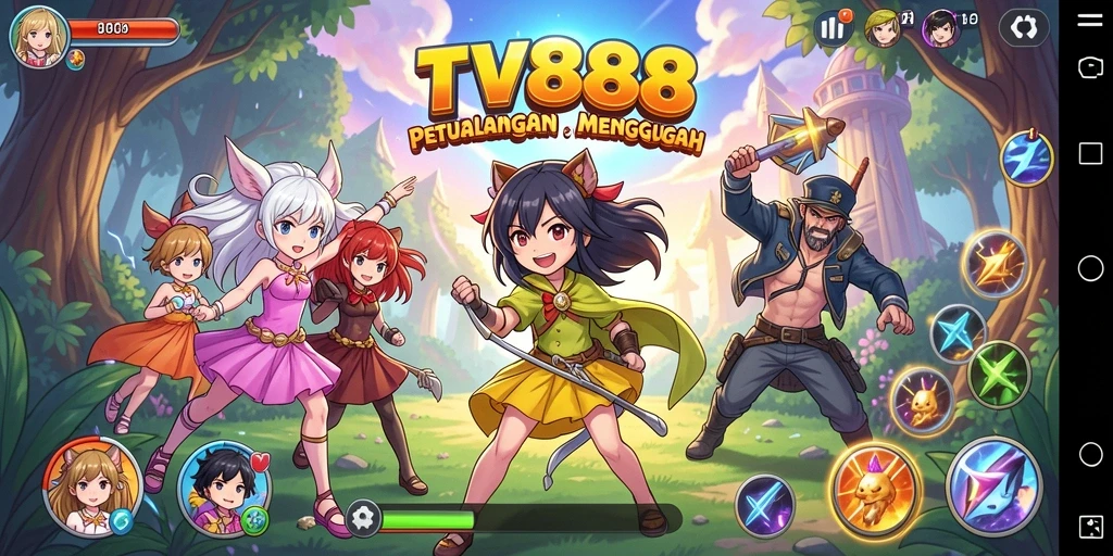 Screenshot utama TV888 menampilkan aksi seru dari karakter Anime.