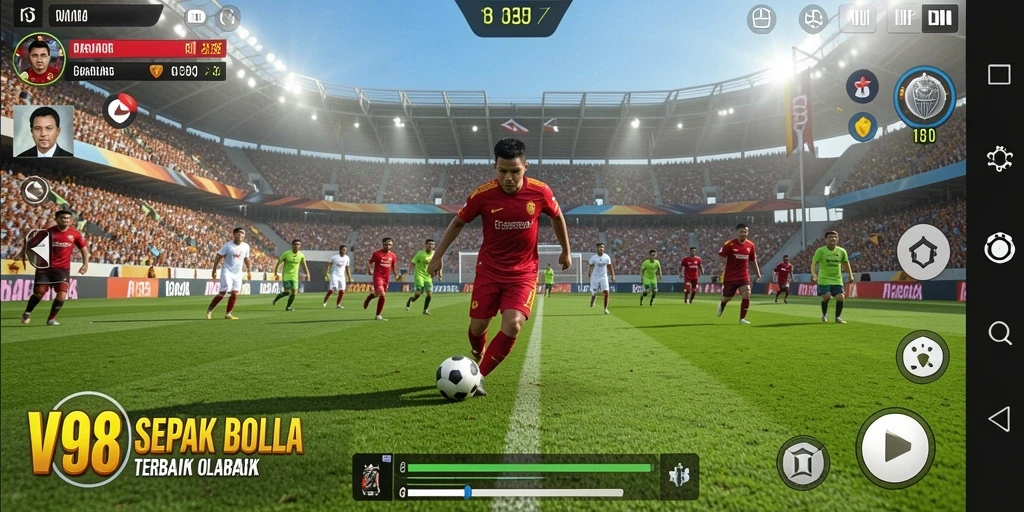 Gameplay seru dan menegangkan dalam V98 yang menampilkan pertandingan sepak bola.